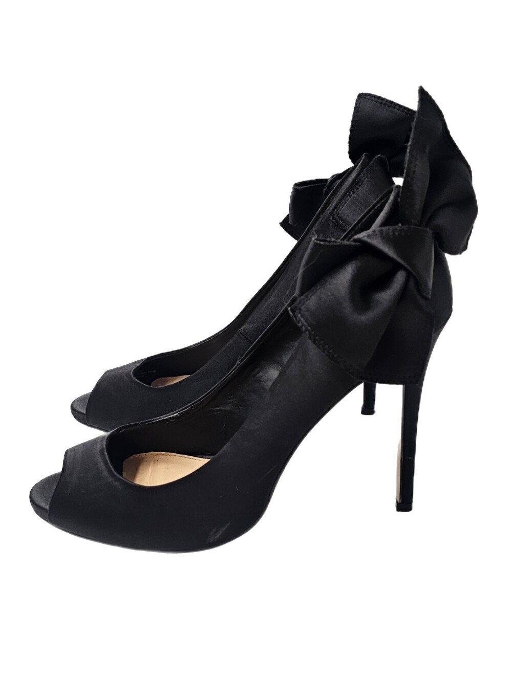 Jewel Badgley Mischka Black Satin Peep Toe Bow Stiletto Pumps Heels 10